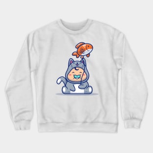 Cute Baby Wearing Cat Costume With Fish Balloon Crewneck Sweatshirt